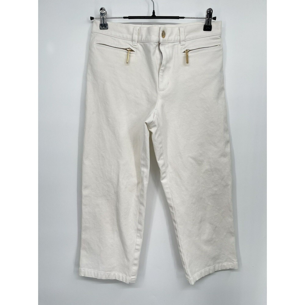 Lauren Ralph Lauren 4‎ Cropped Pants Women White Good Gold Zipper Wide Leg Capri
